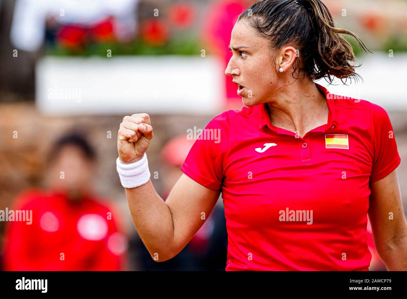 Carthagène, Espagne. 7 février 2020. Joueur espagnol, Sara Sorribes gagne à Naomi Osaka, dans le premier match entre l'Espagne et l'équipe nationale du Japon pour FedCup BNP Paribas. Sara Sorribas pendant le match. Crédit: Abel F. ROS/Alay Live News Banque D'Images