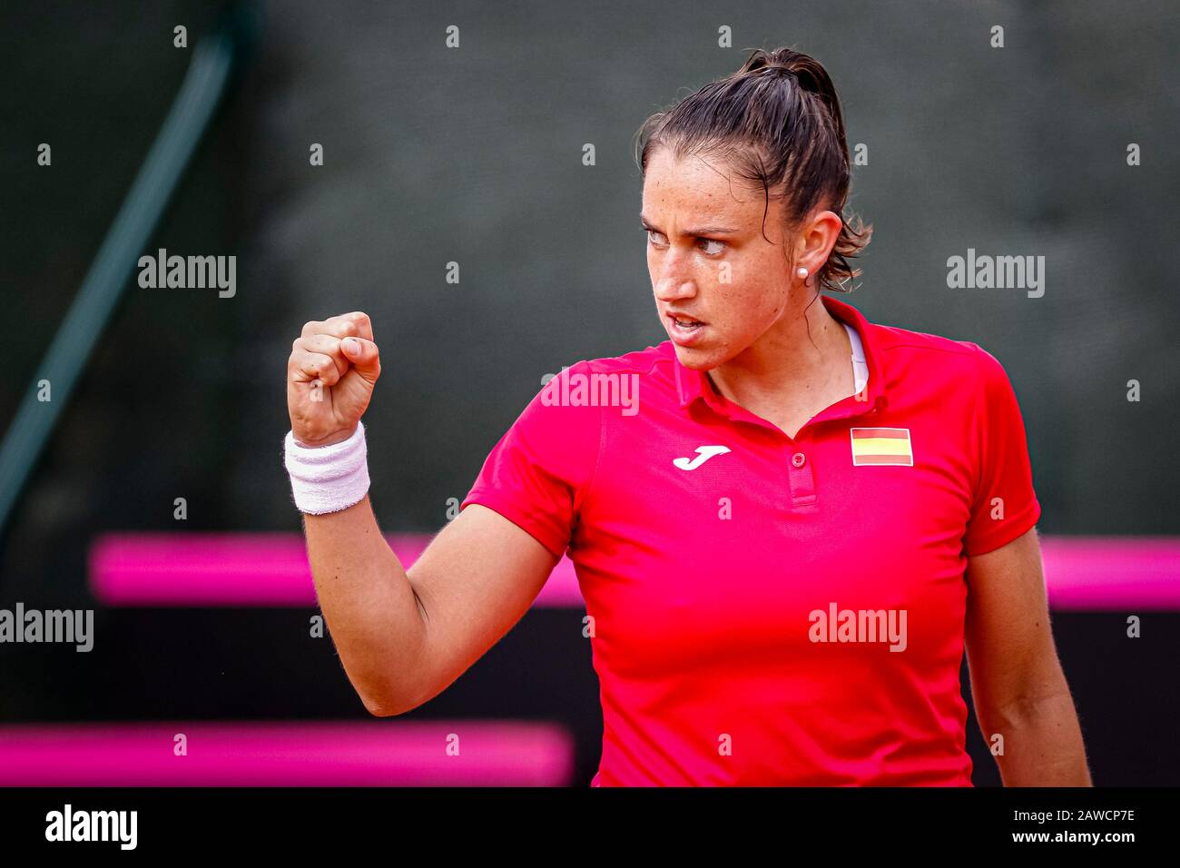Carthagène, Espagne. 7 février 2020. Joueur espagnol, Sara Sorribes gagne à Naomi Osaka, dans le premier match entre l'Espagne et l'équipe nationale du Japon pour FedCup BNP Paribas. Sara Sorribas pendant le match. Crédit: Abel F. ROS/Alay Live News Banque D'Images