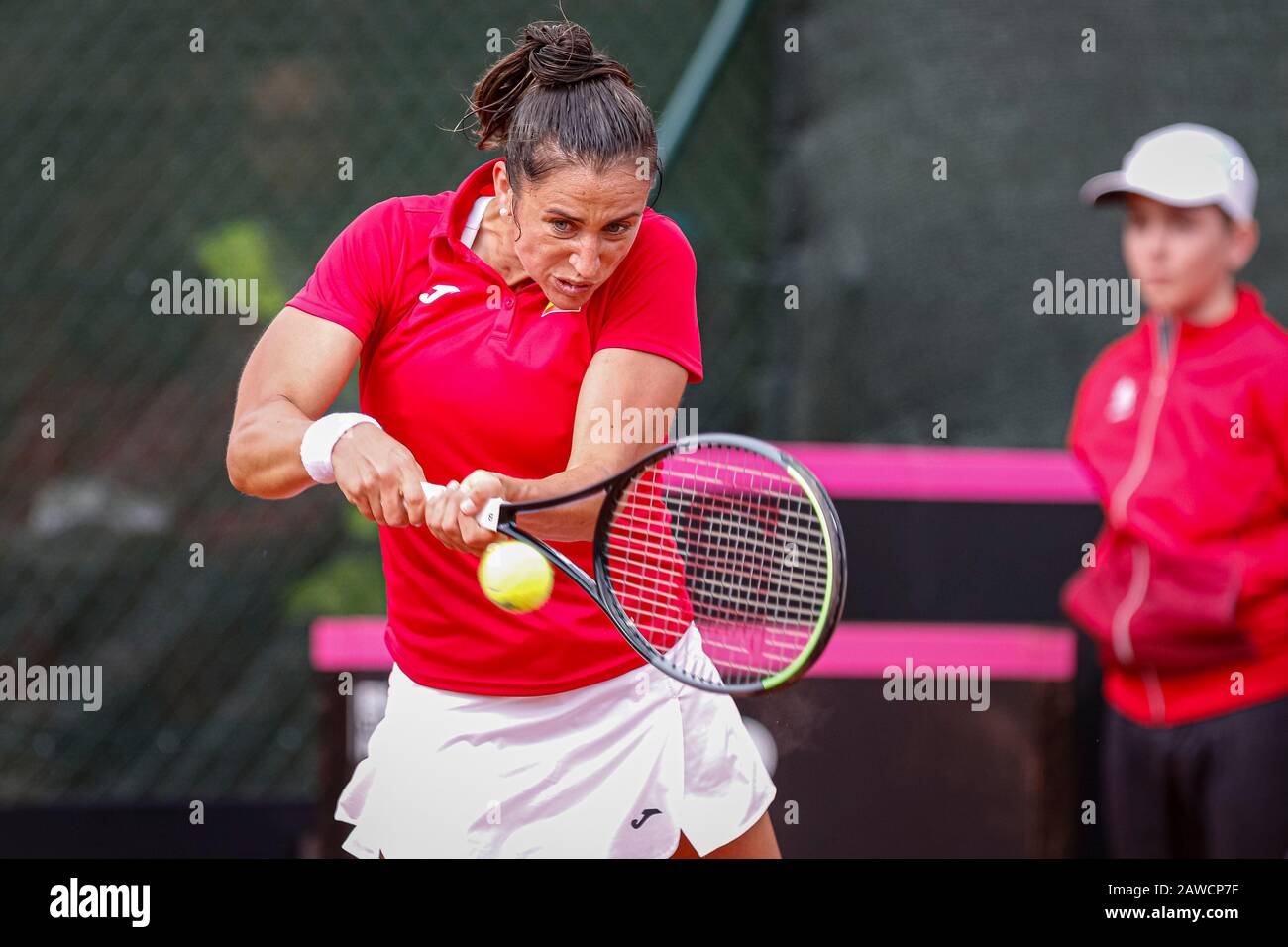 Carthagène, Espagne. 7 février 2020. Joueur espagnol, Sara Sorribes gagne à Naomi Osaka, dans le premier match entre l'Espagne et l'équipe nationale du Japon pour FedCup BNP Paribas. Sara Sorribas pendant le match. Crédit: Abel F. ROS/Alay Live News Banque D'Images