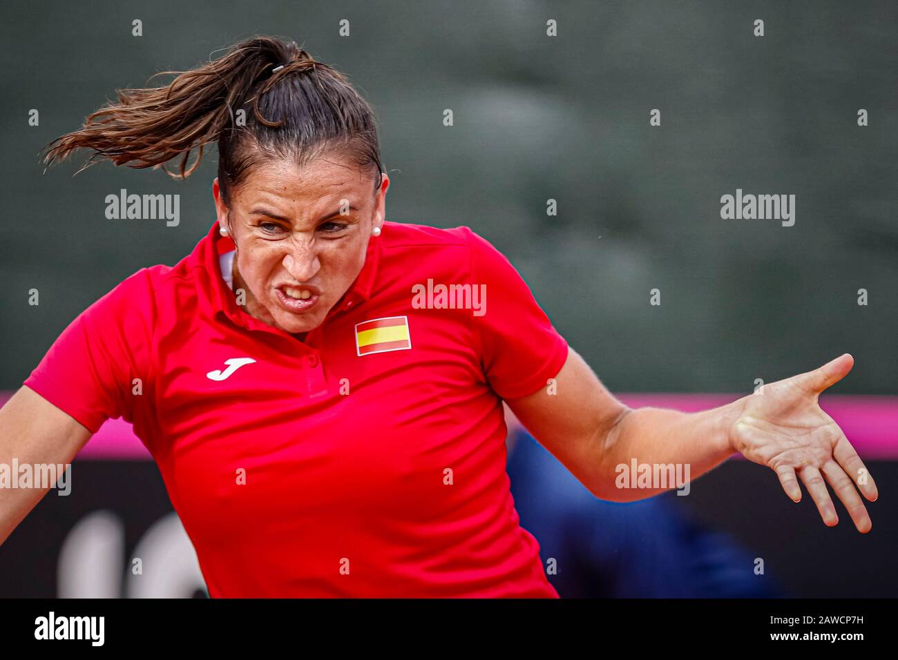 Carthagène, Espagne. 7 février 2020. Joueur espagnol, Sara Sorribes gagne à Naomi Osaka, dans le premier match entre l'Espagne et l'équipe nationale du Japon pour FedCup BNP Paribas. Sara Sorribas pendant le match. Crédit: Abel F. ROS/Alay Live News Banque D'Images