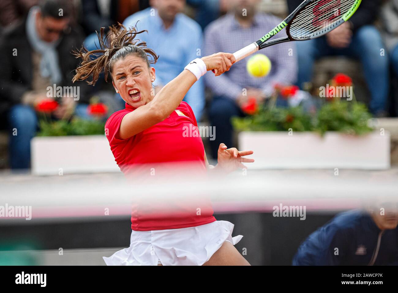 Carthagène, Espagne. 7 février 2020. Joueur espagnol, Sara Sorribes gagne à Naomi Osaka, dans le premier match entre l'Espagne et l'équipe nationale du Japon pour FedCup BNP Paribas. Sara Sorribas pendant le match. Crédit: Abel F. ROS/Alay Live News Banque D'Images