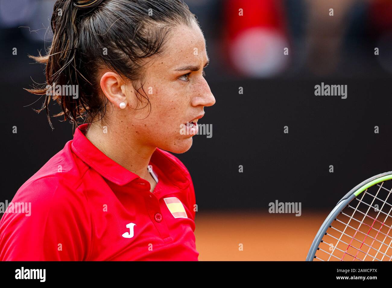 Carthagène, Espagne. 7 février 2020. Joueur espagnol, Sara Sorribes gagne à Naomi Osaka, dans le premier match entre l'Espagne et l'équipe nationale du Japon pour FedCup BNP Paribas. Sara Sorribas pendant le match. Crédit: Abel F. ROS/Alay Live News Banque D'Images