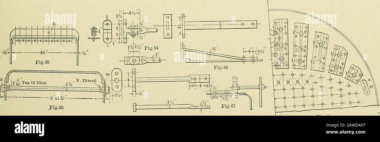 Mise en place pour les chaudières et les travailleurs de la tôle; un traité pratique sur la disposition des chaudières, des piles, des réservoirs, des tuyaux, des coudes et divers travaux de tôlerie . requis. Cette figure nécessite des rivets de centre à centre de 3 pouces. Les trous sont perforés dans la feuille et percés à l'intérieur du pied par des gabarits. Il ne devrait pas y avoir de difficulté dans les trous de gettingces pour correspondre correctement quand ils sont prêts à être À X est montré un séjour à deux rivets qui fonctionne dans pour excellent avantage. Ces fers à repasser en T sont restés sur le côté des tiges de bateau qui varient en diamètre de i pouce à IH pouces. Fig. 69 montre un Banque D'Images