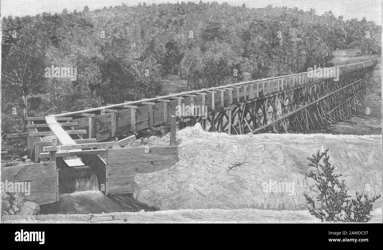 Volume Scientifique Américain 76 Numéro 13 (Mars 1897) . £ d'un pouce d'épaisseur. La section secondaire contient 400 pieds de tuyau soudé, soit 20. Fig. 9.-DIVERSI0N FLUME POUR AMENER L'EAU DANS LE RÉSERVOIR. La CENTRALE DE TRANSMISSION ÉLECTRIQUE LONGUE DISTANCE DE FRESNO, CALIFORNIE pouces de diamètre et de serrure jointed. La troisième section, d'une longueur de 1 800 pieds, se compose d'un tuyau à recouvrement de 20 pouces, avec joints à bride et garniture en caoutchouc, le métal à l'extrémité inférieure étant de % pouces d'épaisseur. La construction de la ligne de tuyauterie a commencé aux deux extrémités, et des difficultés considérables ont été expérimentées pour combler l'écart Banque D'Images