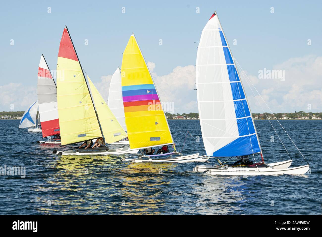Enfants naviguant dans de petits catamarans colorés pour s'amuser et en compétition. Courses étroites par de jeunes marins sur le lac d'eau salée Macquarie. Banque D'Images