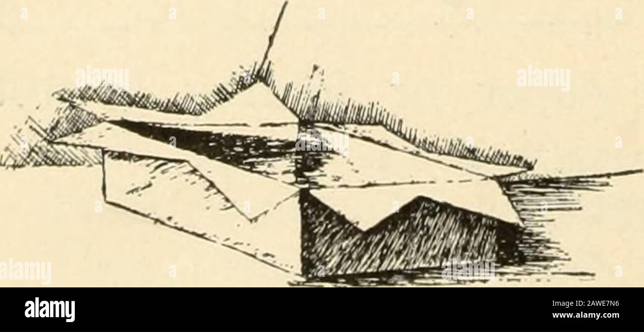 Travail constructif; . y. 4 JX & .:;   5 w/  .1 i e matériau: Carré de papier dessin ou de bristolboard pliable. Plier le carré en seize pièces égales.plier la comer avant gauche au point A. 113 arrière droit à b. Coin arrière gauche à c. Coin avant droit à d. Couper les triangles i, 2, 3 et 4. Attacher les coins et replier les triangles sur les bords supérieurs des côtés. Pour coller des coins, laissez coller le rabat lors de la découpe du tri-angle comme indiqué dans le triangle. S'il est utilisé comme un panier, placez-le sur la poignée. Panier. EXERCICE CXXXVI. /f plier le carré comme dans l'exercice CXXXV. Coupez chaque carré d'angle. Couper le long de lignes lourdes comme illustré à la Banque D'Images