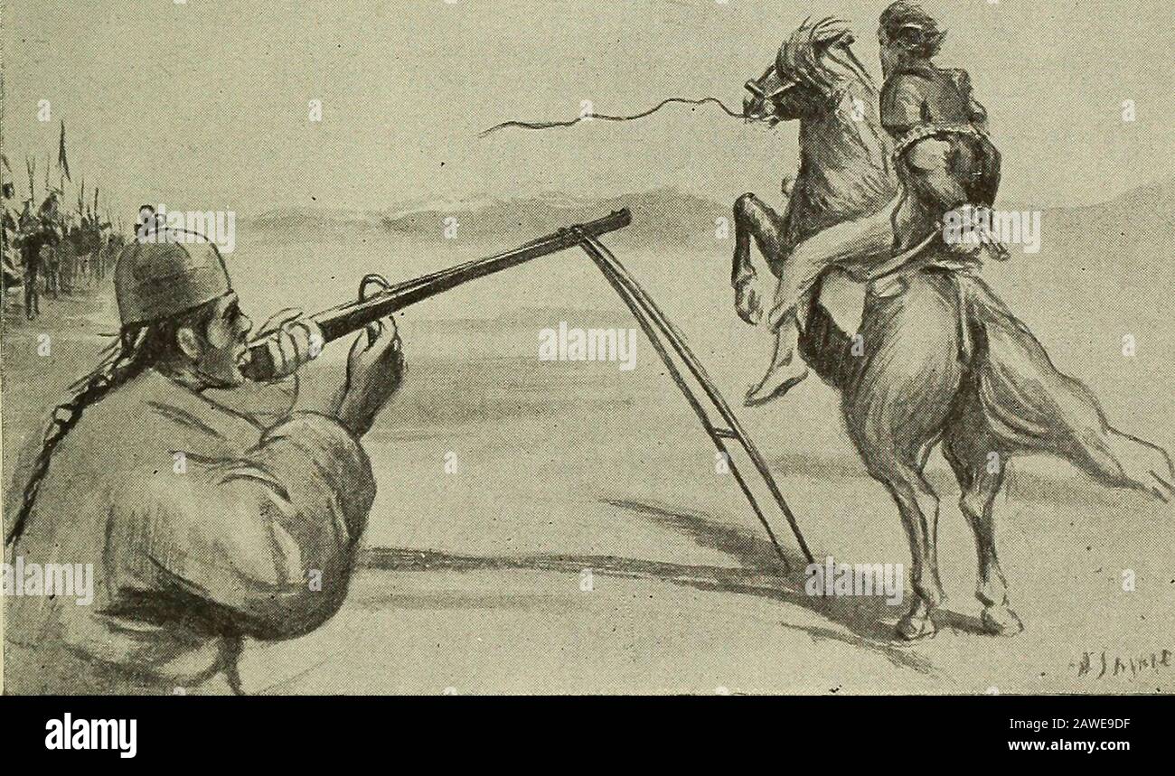 Dans la terre interdite, compte tenu d'un voyage au Tibet . et hisqueer a pointé chapeau, assis sur un magnifique poney un peu en face de la foule de Lamas et de soldats. Curieusement, quand on est près de cette nouvelle foule, le théorseman qui a conduit mon poney a laissé passer la corde, et le ponyétait écrasé cruellement et laissé à ses propres appareils. Les sol-diers de ma garde ont dîné et se sont mis de côté. Le ponydon a pris la direction du Pombo, et comme je le passais près de lui, un homme nommé Nerba (secrétaire privé des Tokchim Tarjum) s'est mis à genoux, et, en prenant pour objectif de se reposer sur son soutien, a délibérément tiré un shota Banque D'Images