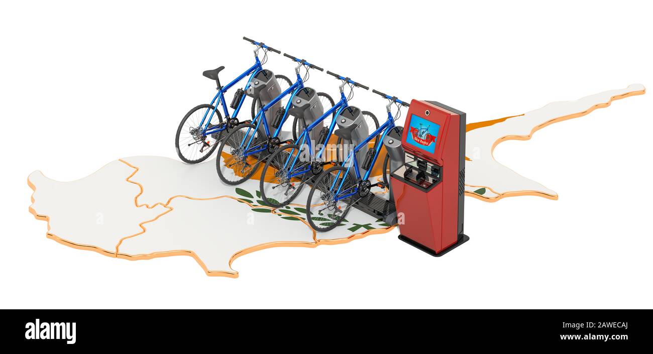Système de partage de vélos dans le concept de Chypre, rendu tridimensionnel isolé sur fond blanc Banque D'Images