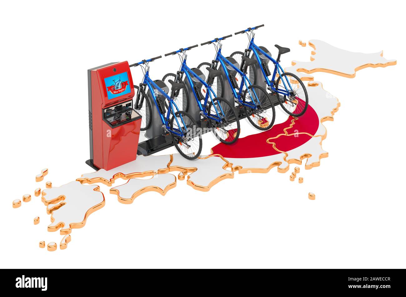 Système de partage de vélos au Japon, rendu tridimensionnel isolé sur fond blanc Banque D'Images