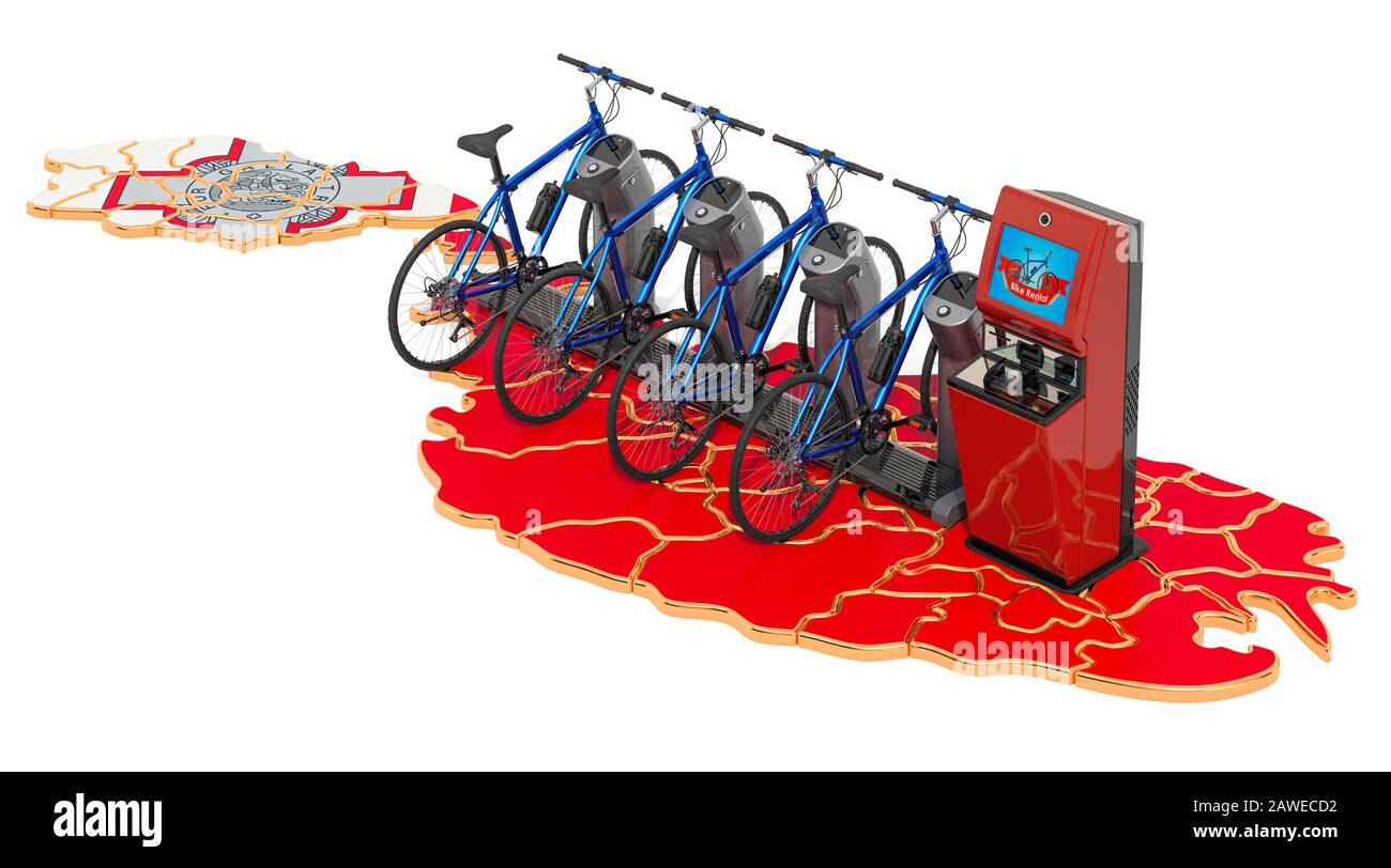 Système de partage de vélos dans le concept de Malte, rendu tridimensionnel isolé sur fond blanc Banque D'Images