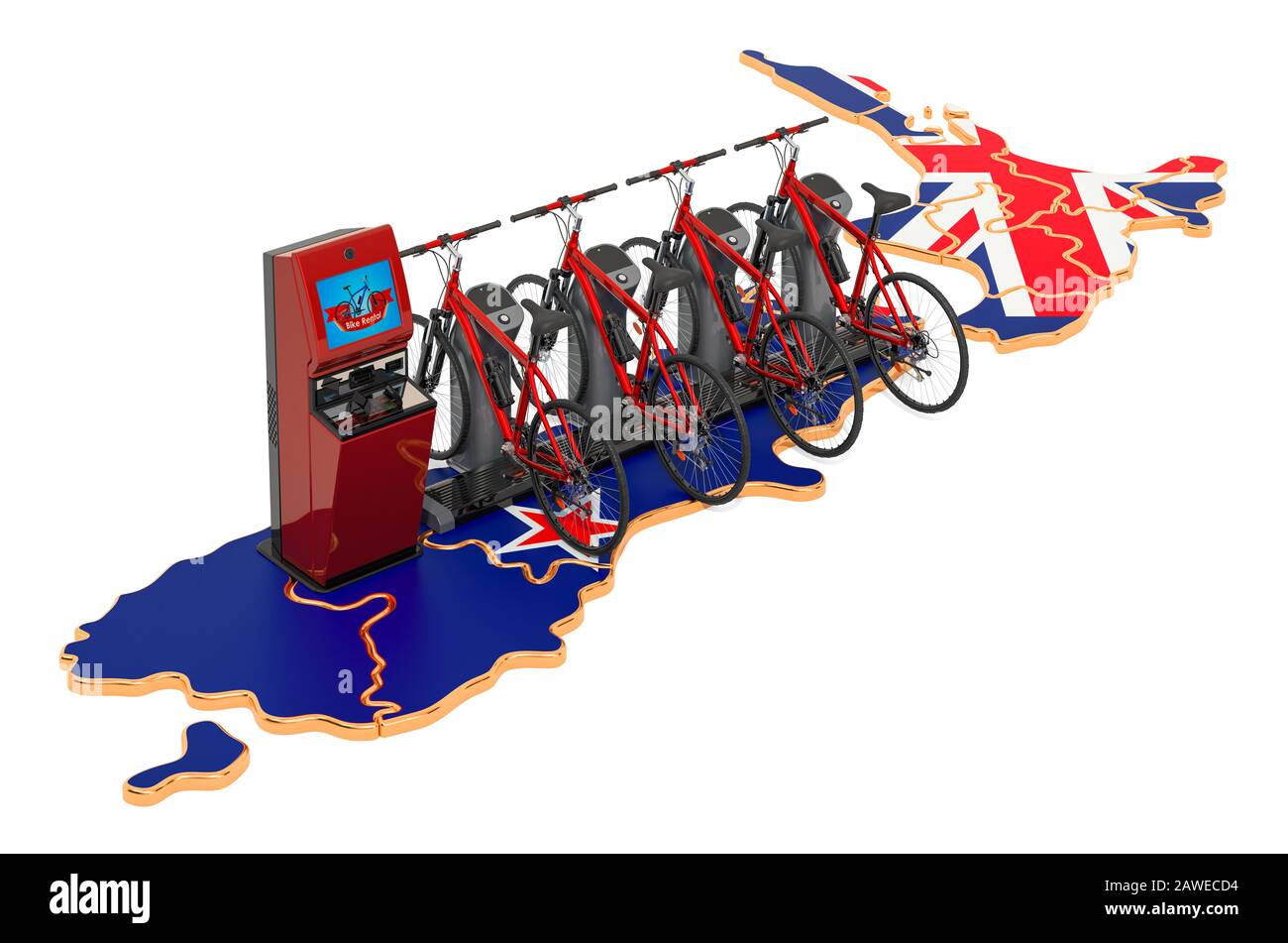 Système de partage de vélos en Nouvelle-Zélande, rendu tridimensionnel isolé sur fond blanc Banque D'Images