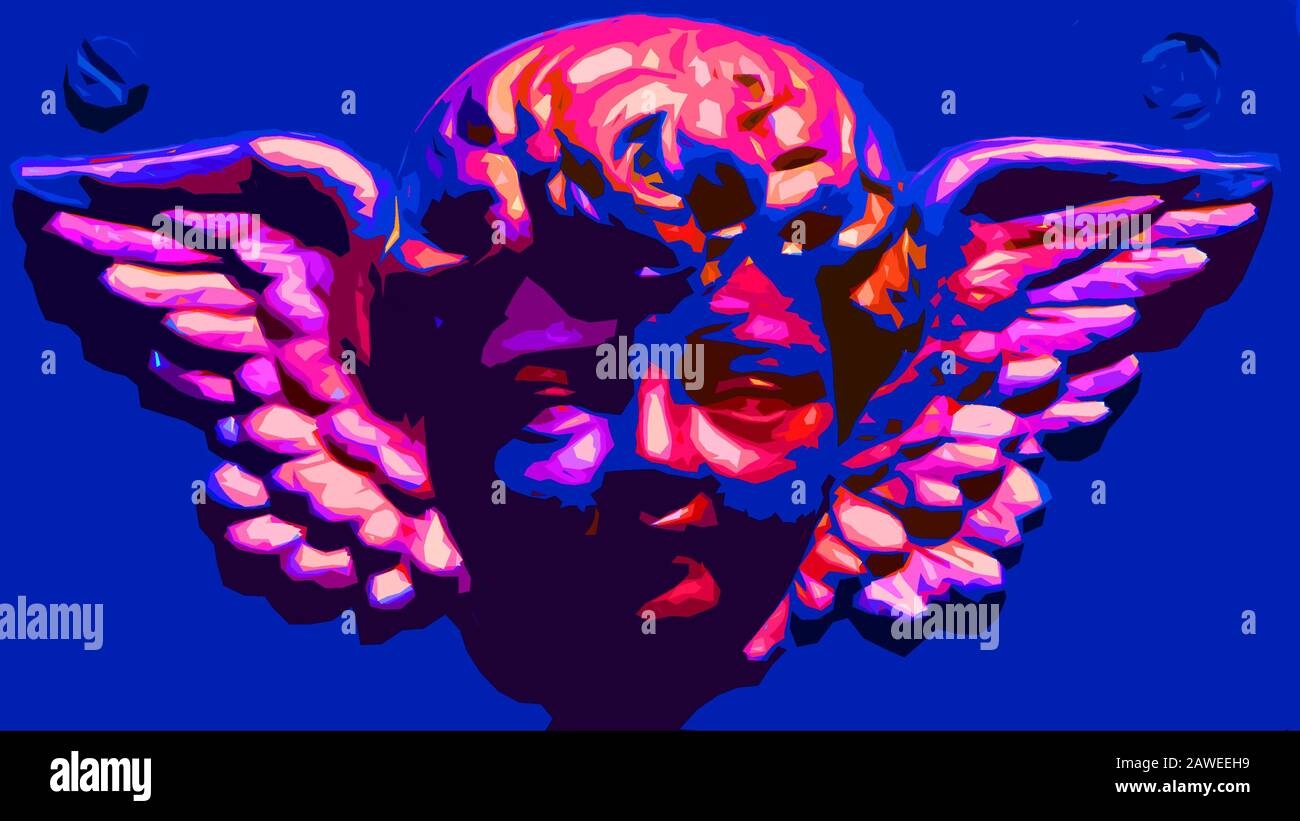 Angel - tête de chérubin avec ailes roses, fond bleu classique Banque D'Images