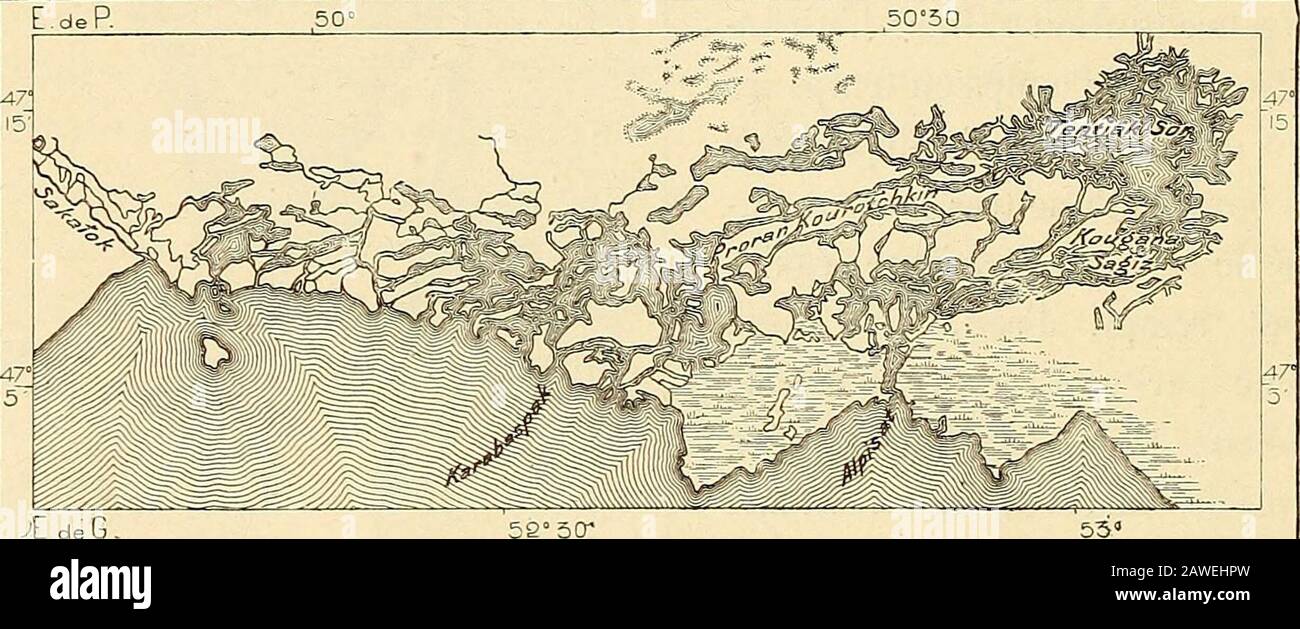 Nouvelle géographie universitaire : la terre et les hommes . 50°I 6 Daprès Baer C Perron 1 : F. 00000 2 kil. 1 Von Baer, Kopsische Studien. VI 54 426 NOUVELLE GÉOGRAPHIE UNIVERSELLE de la mer. La profonnante moyenne de leau ny passe pas 2 mètres etles embarcations qui sy aventurent courent le risque déchouer, dès que le vent le plus est repoussé les lots vers le grand. la vaste baie, que des pro-mères Sabloneux et des bas-fonds séparent en partie de la Cas-pienne, ne reçoit pas un seul aisés permanent, et lévaporation comlètede ses eaux ne peut même lieu que par lafflux el continue de masse Banque D'Images