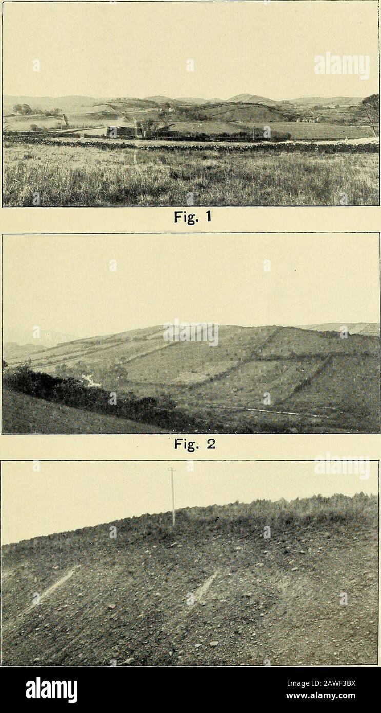 Revue géologique . esponding numérosin Fig. 4. Les numéros 1, 3 et 4 sont généralement des drumlins à cravées avec profil serratedprofile. Ils sont également forgés à l'extrémité aval no 2 est de forme de demi-cigare. Contours tous les 25 pieds, tirés des cartes Ordnance Survey.Scale 3 pouces = 1 mile. La flèche indique la direction du mouvement de glace.Reproduit avec l'autorisation du contrôleur du bureau de papeterie H.M. 1. Les drumlins sont construits par l'ajout de matériel principalement allongla ligne médiane. 2. Si cet ajout de matériel se poursuit jusqu'au retrait complet de la glace ou jusqu'à la cessation du mouvement de la glace, Banque D'Images