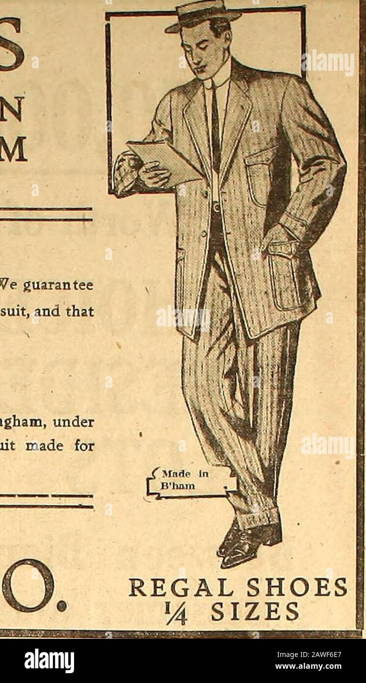 Le grand livre de Birmingham . UNE SAINT-VALENTIN Donnée le samedi avec chaque café ou thé acheté. CD. Kenny CO. 319 Nord 20, rue LE BraMINGHAM LEDGKB. $30-00)nos prix de $32-50$35-oo POUR iTAILORED COSTUMES PRODUIT DE NOTRE OWNSHOPS À BIRMINGHAM JAMAIS AUPARAVANT- avons-nous vu une telle appréciation d'une occasion que les gens ravageent depuis que nous avons annoncé il y a trois jours que nous allons faire des costumes - à Birmingham - pour $30.00, $32.50 et $35.00. Ready=MADE MEN- nous ont littéralement fouillés pour que les costumes soient faits À leur COMMANDE pour le prix de thesame qu'ils doivent payer pour les vêtements de main-me-down. Notre volume d'affaires a augmenté Banque D'Images
