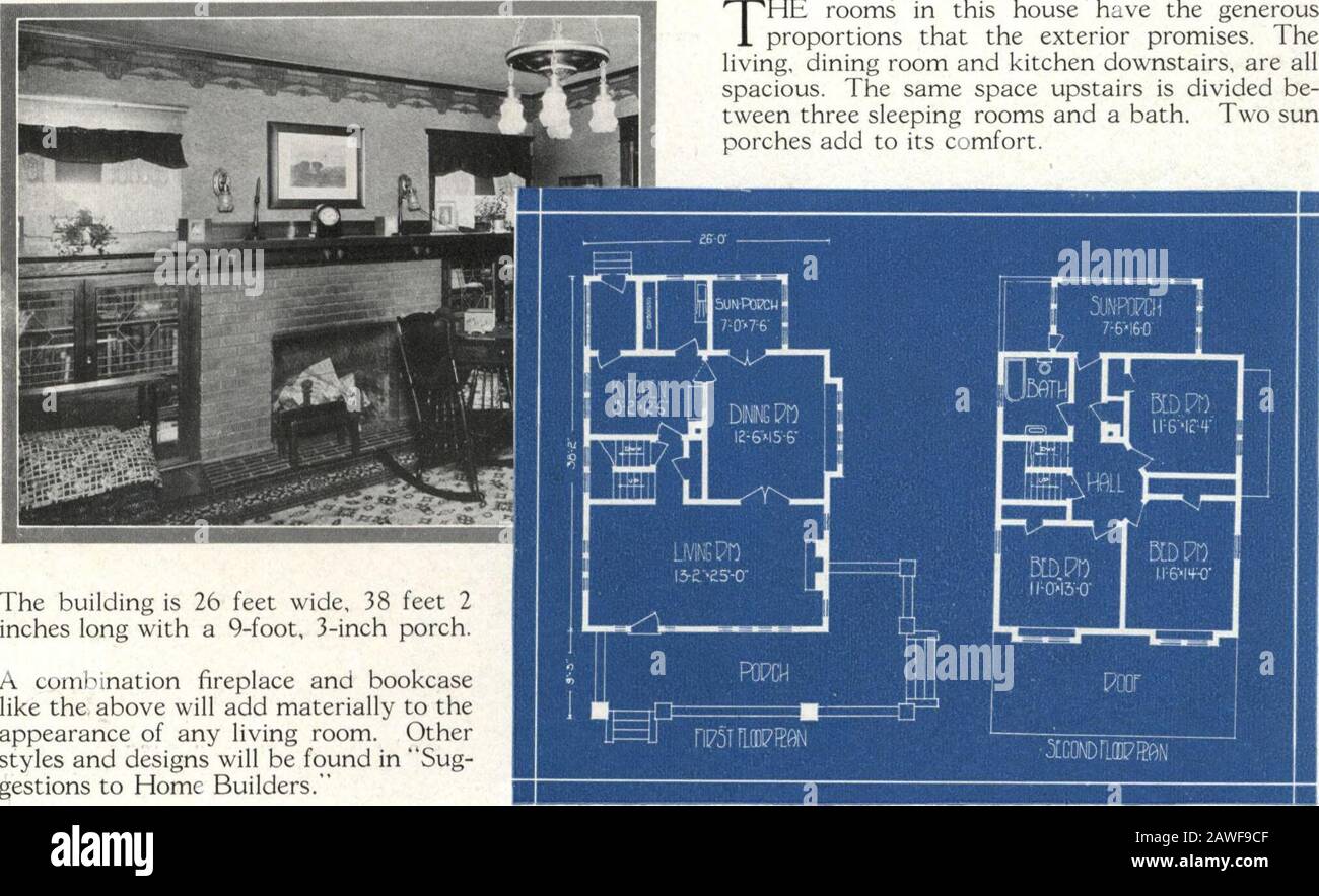 Économie architecturale, volume 1 . Deux étages Residence No 4002 LES chambres de cette maison ont les généralités que l'extérieur promet. Les salles de réception, la salle à manger et la cuisine du rez-de-chaussée sont spacieuses. Le même espace à l'étage est divisé entre trois chambres à coucher et une salle de bain. Deux lunettes de soleil ajoutent à son confort. Le bâtiment est de 26 pieds de large, 38 pieds de long avec un porche de 3 pouces de 9 pieds. Une combinaison cheminée et bookcaslike le ci-dessus ajoutera matériellement à l'apparence de n'importe quelle salle de séjour. Les modèles et les modèles Otherstyles seront trouvés dans Sug-gestions à la maison constructeurs. Page IIIll iiliiiiii Banque D'Images