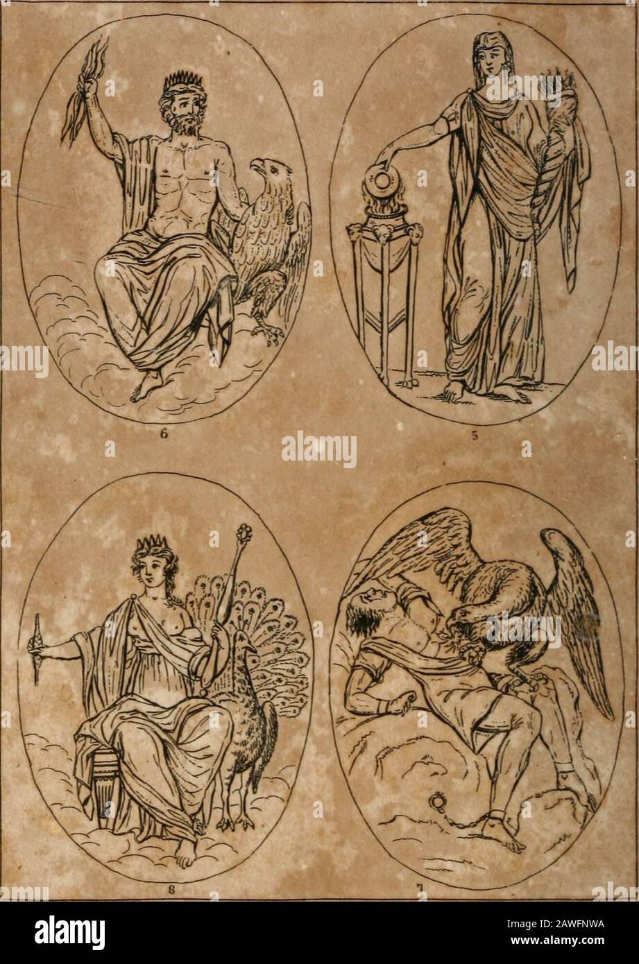 Un catéchisme de la mythologie; contenant une histoire offide des dieux et des héros héatens, indispensable à une connaissance correcte des poètes anciens et des classiques: Avec 75 gravures qui est ajouté, La mythologie de l'Europe du Nord, traduite des Français .. . PLAQUE J I. 5. Vesta. 6. Jupiter. 7. Prométhée. 8. Juno. PLAQUE III 9. Ceres. 10. Phoebus ou le dimanche 11. Apollo N. M. Banque D'Images