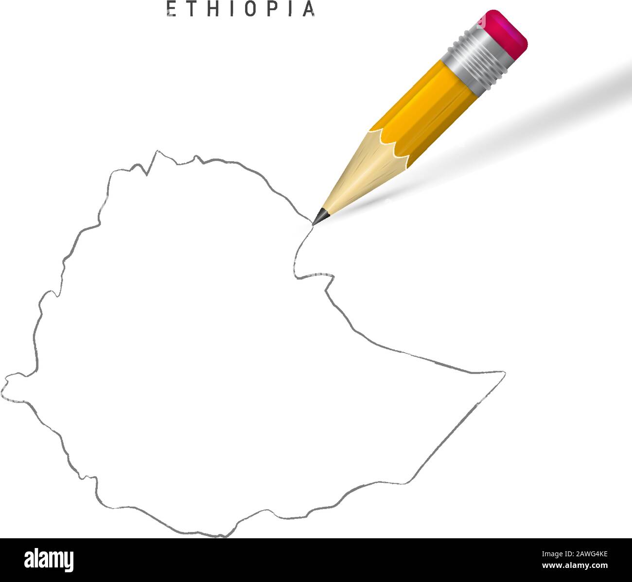 Ethiopie crayon à main levée esquisse plan carte isolée sur fond blanc. Carte vectorielle dessinée à la main vide de l'Éthiopie. Crayon en relief réaliste avec shado doux Illustration de Vecteur