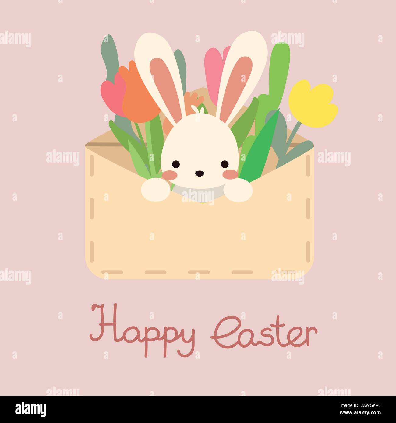 Joli lapin de pâques vectoriel. Enveloppe avec fleurs Illustration de Vecteur