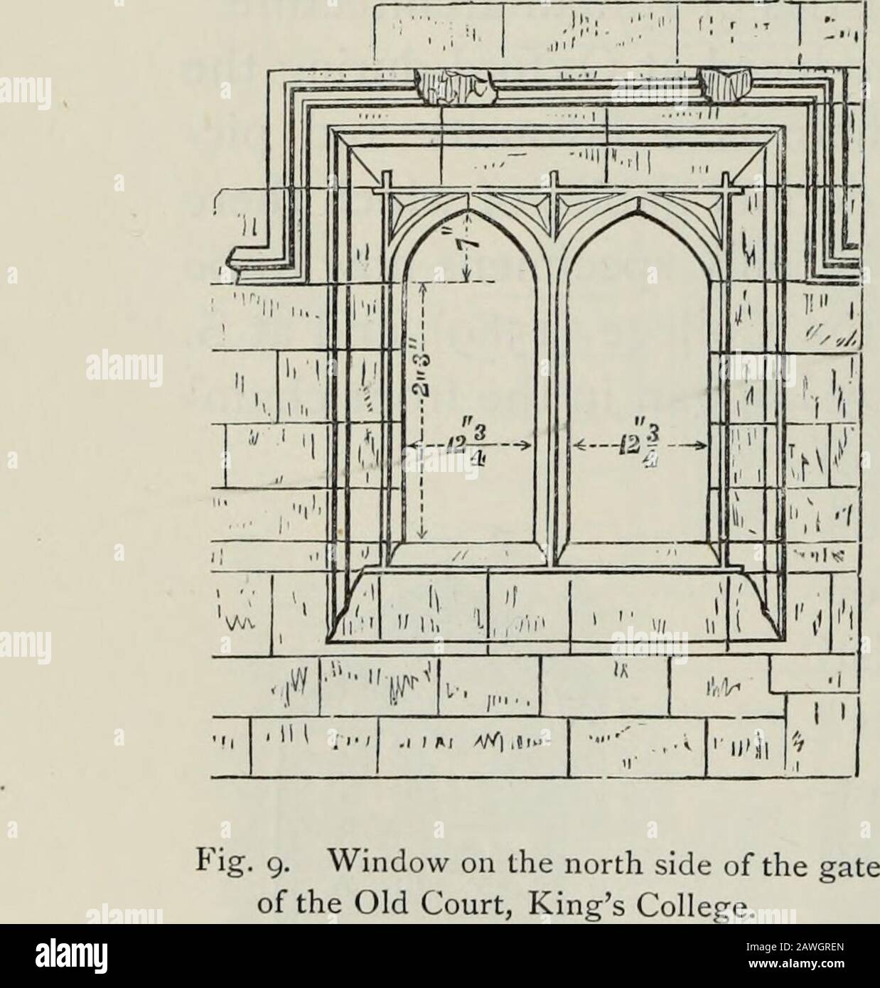 L'histoire architecturale de l'Université de Cambridge, et des collèges de Cambridge et d'Eton. Jamais ployed pour les fenêtres des premiers bâtiments collégiaux, ex-cept pour ceux des salles et chapelles. Dans le bâtiment plus tard de Cambridge, nous trouvons des moules à capuche donnés aux fenêtres de Kings College (fig. 9), de la cour de Jésus College, de la Masters Lodge et d'autres parties du Christ College, des deux tribunaux de S. JohnsCollege, de la rue devant le Magdalene College, des chambres au rez-de-chaussée dans la grandeur du Trinity College, de la cour d'arbre de thewalnut du Queens College, et du Perse A Banque D'Images