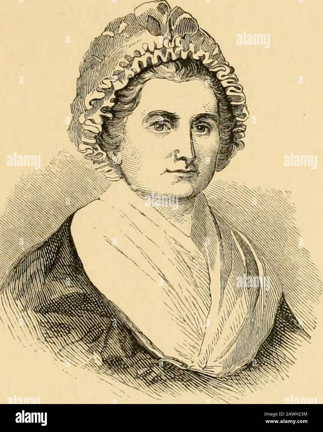 Mount Vernon et ses associations, historique, biographique et picturale . eis maintenant à Arlington House. Il a été gravé pour la première fois pour la American Portrait Gallery, vers l'année 1833. Dans une lettre à sa femme, en juillet de cette année-là, M. Custis a écrit: J'ai été prié de faire une biographie de mygrand-mère, accompagnée d'une splendide gravure de mousse de mes originaux, pour l'oeuvre de Longmans, appelée la Galerie nationale de Portraits, et j'ai consenti à le faire. Tlie biog-raphy a été écrit, et l'original choisi a été Robertsonsminiature, à partir de laquelle notre gravure a été copiée. Dans sa lettre o Banque D'Images