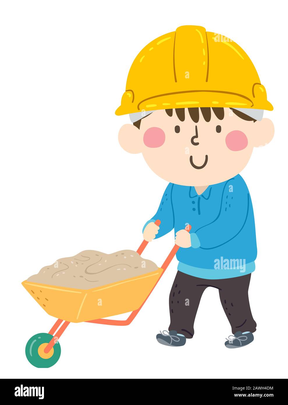 Illustration d'un garçon de Kid Portant un casque jaune et Poussant un Wheelbarrow plein de sable Banque D'Images