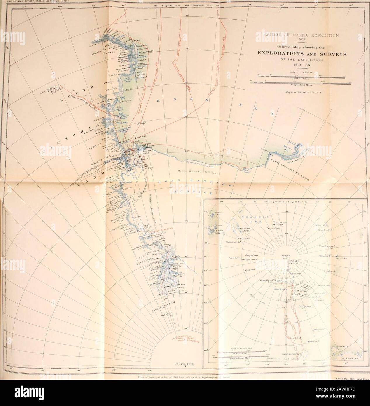 Rapport annuel du Conseil des gouverneurs de la Smithsonian institution . était faible dans le ciel du nord, nous avons vu au-dessus de six poutres parallèles à l'ombre de la terre, dirigées du soleil. Les mémoires scientifiques de l'expédition traiteront en détail de la géologie, de la biologie, de la météorologie, du magnétisme, de la physique, de la chimie, de l'andminéralogie, des marées et courants, de l'optique et d'autres sujets scientifiques. Nous étions un petit parti, et par nécessité, une partie considérable de l'heure a été occupée dans les tâches de routine nécessaires accessoires à la dailyvie dans l'Antarctique, mais nous avons essayé de couvrir tout le terrain possible dans les différentes branches de Banque D'Images