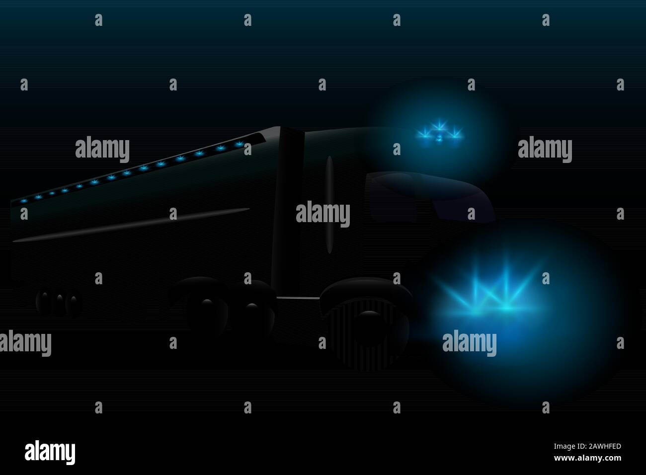 Chariot avec phares lumineux sur route de nuit. Transport de fret.Logistique. Mauvaise visibilité ou faible visibilité. Conduite de sécurité sur le concept de circulation routière.Vector Illustration de Vecteur