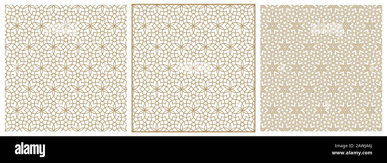 Ensemble d'ornement géométrique transparent en trois versions.Pattern,Pattern en cadre et Pattern contouré.Basé sur les lignes de couleur arabes traditionnelles.Brown Illustration de Vecteur