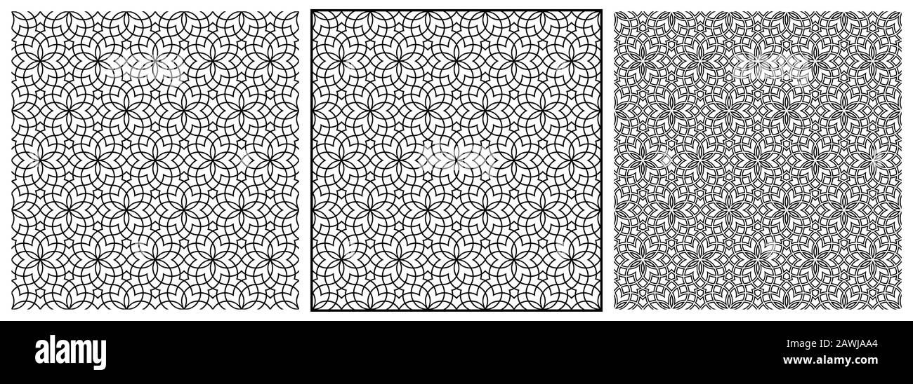 Ensemble d'ornement géométrique transparent en trois versions.motif,motif dans le cadre et motif contouré.Basé sur les lignes de couleur arabes traditionnelles.Noir Illustration de Vecteur