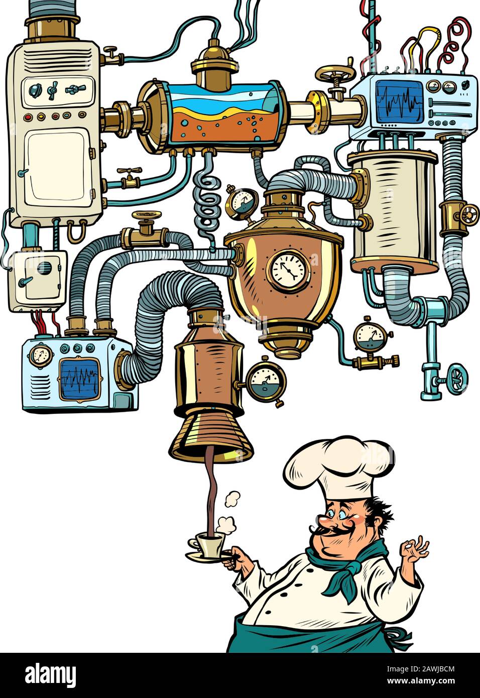 chef et café. machine convoyeur appareil complexe production drôle Illustration de Vecteur
