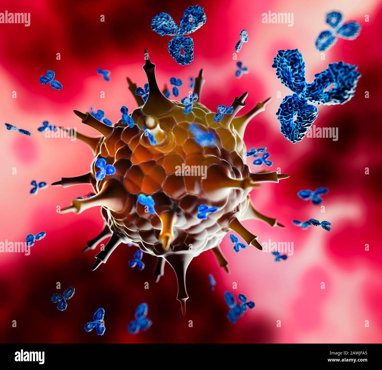 Rendu détaillé du virus avec anticorps - illustration tridimensionnelle Banque D'Images