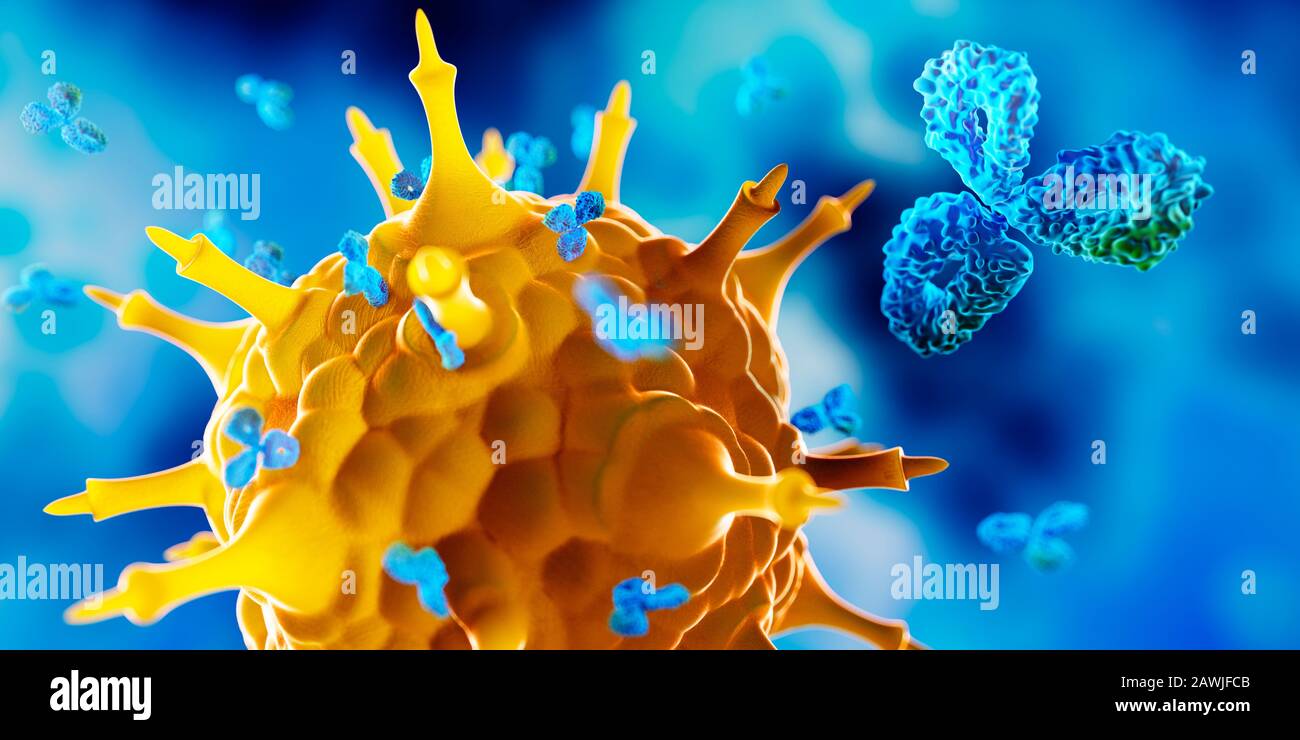 Rendu détaillé du virus avec anticorps - illustration tridimensionnelle Banque D'Images