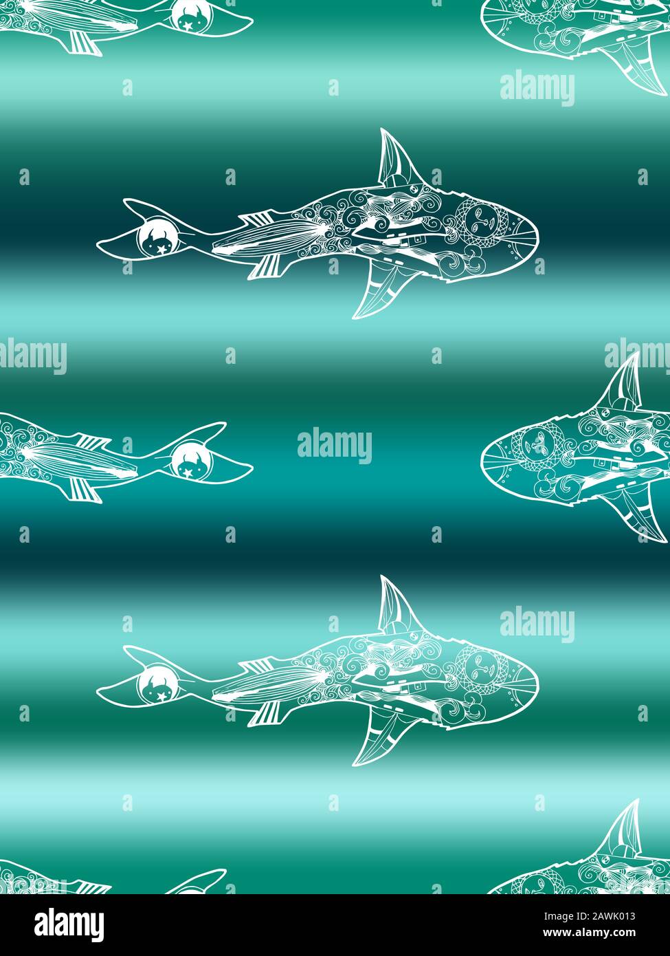 Modèle vectoriel sans couture de silhouette de requin blanc nageant sur fond marin dégradé. Vue de dessus du requin dessiné à la main Illustration de Vecteur