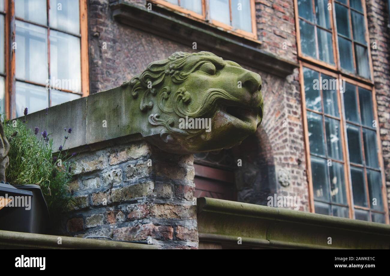 Vidange de l'eau en forme de tête de lion sur la rue Mariacka, Gdansk Banque D'Images