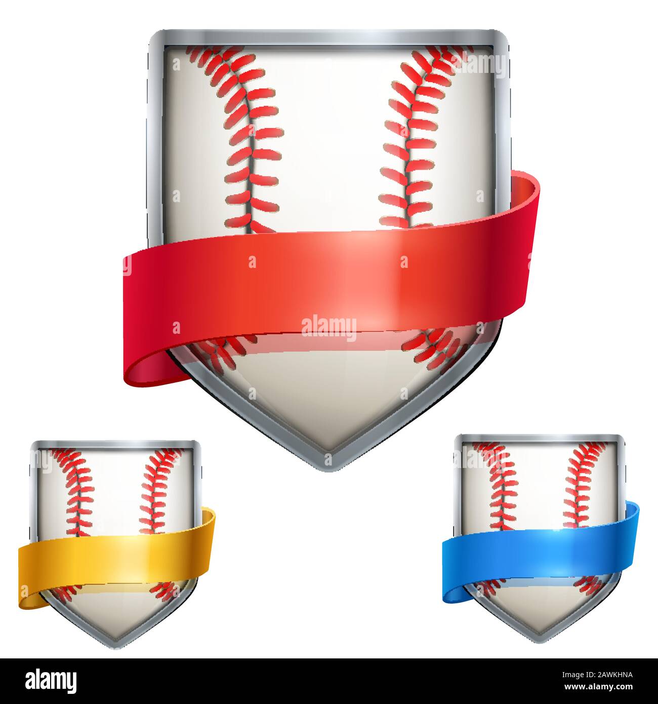 Jeu de boucliers brillants dans la balle de base-ball à l'intérieur avec des rubans. Vecteur. Illustration de Vecteur