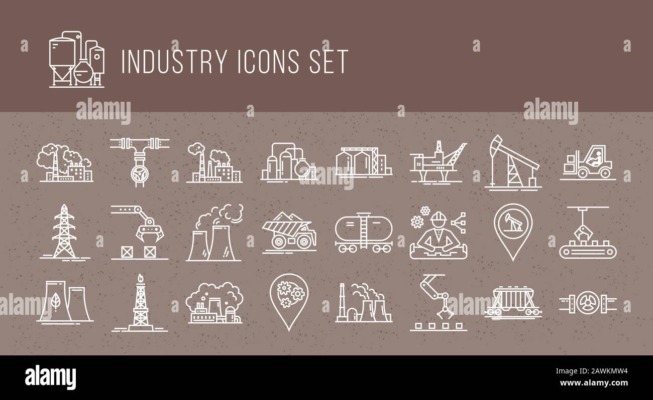 Un grand ensemble vectoriel d'icônes de l'industrie et de production dans un style linéaire. Illustration de Vecteur