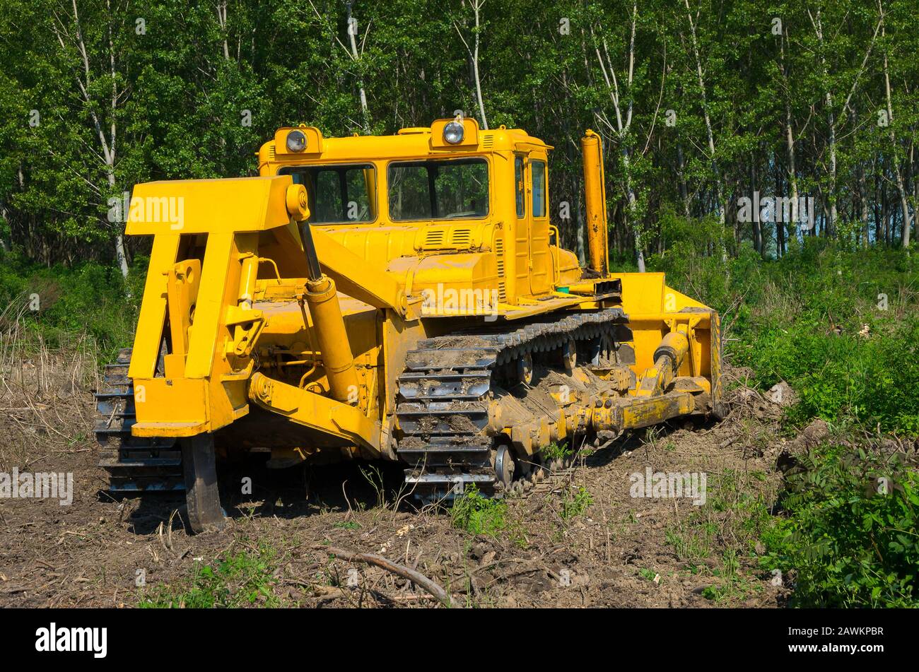 Machine agricole. Bulldozer. Préparation Du Site Mécanique Pour La Foresterie. Banque D'Images