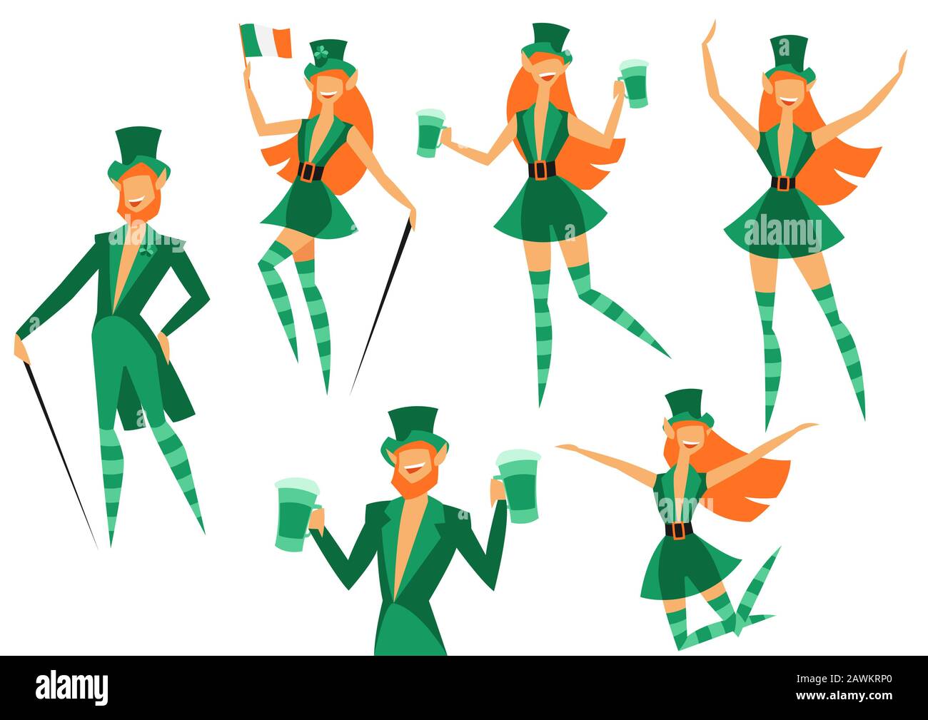 Jeu de personnages irlandais fantastiques leprechauns. Célébration De La Saint Patricks Day. Illustration de Vecteur