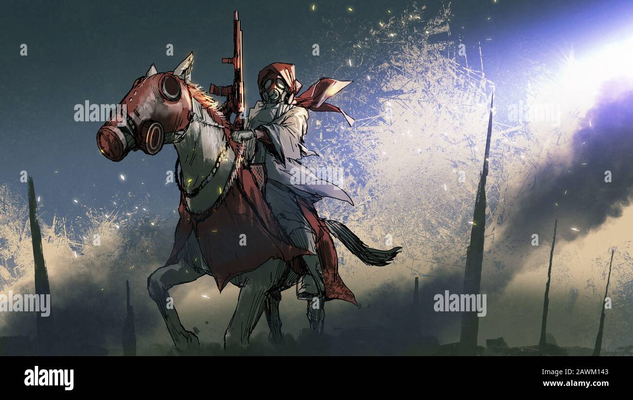 guerrier apocalyptique dans un manteau avec masque à gaz tenant un pistolet assis à cheval, style d'art numérique, peinture d'illustration Banque D'Images