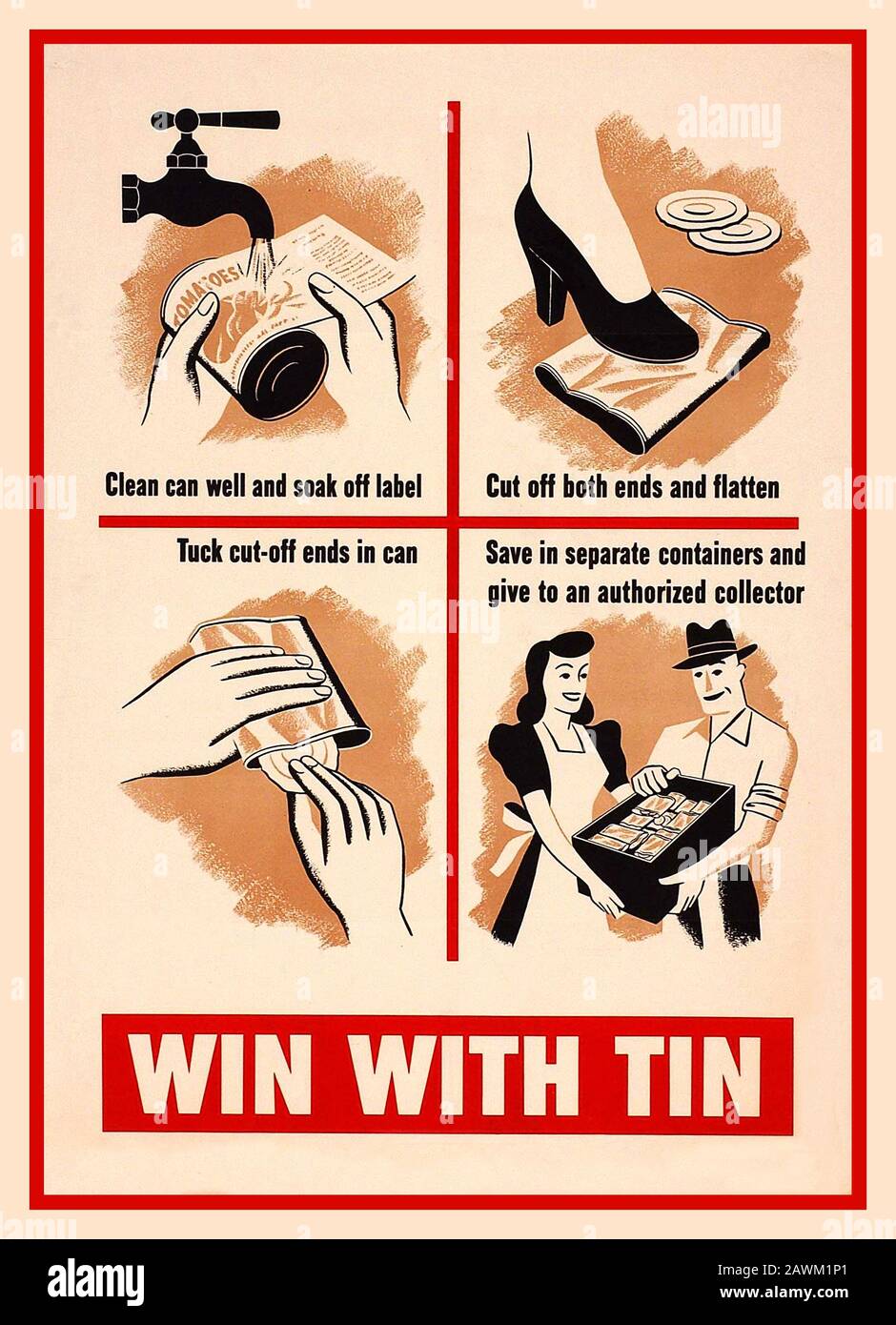 Vintage 1940 la seconde Guerre mondiale 'Win with Tin' recycling war effort, instructions pour conserver le métal nécessaire à l'effort de guerre. Poster Seconde Guerre Mondiale Seconde Guerre Mondiale Amérique Usa Banque D'Images