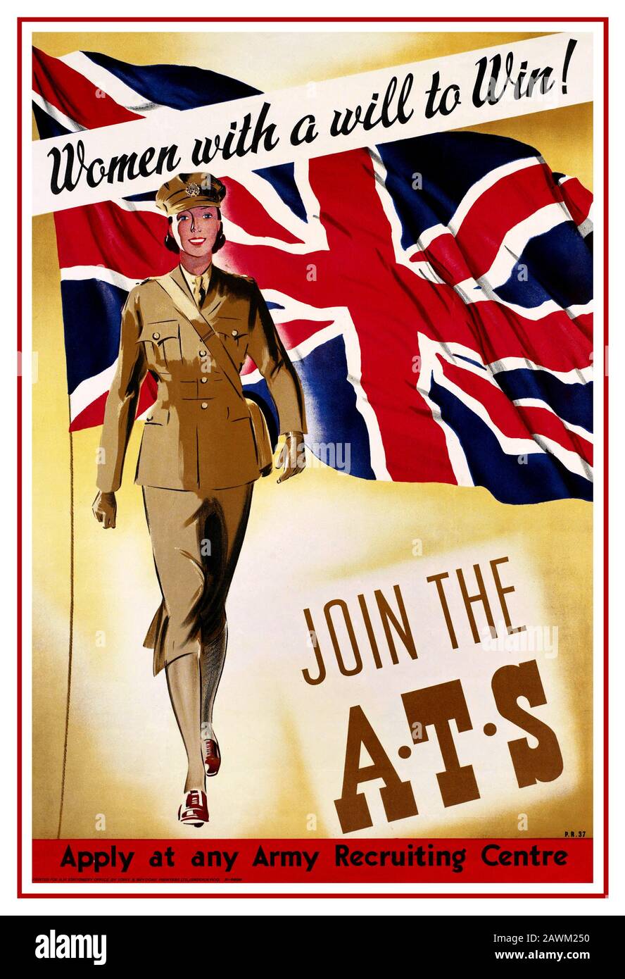 Affiche de recrutement vintage de la seconde Guerre mondiale avec une femme membre ATS en uniforme. Le drapeau de Union Jack vole derrière. « les femmes avec une volonté de gagner! Inscrivez-vous à l'A.T.S » À n'importe quel Centre de recrutement de l'Armée de terre 1939-1945 Banque D'Images