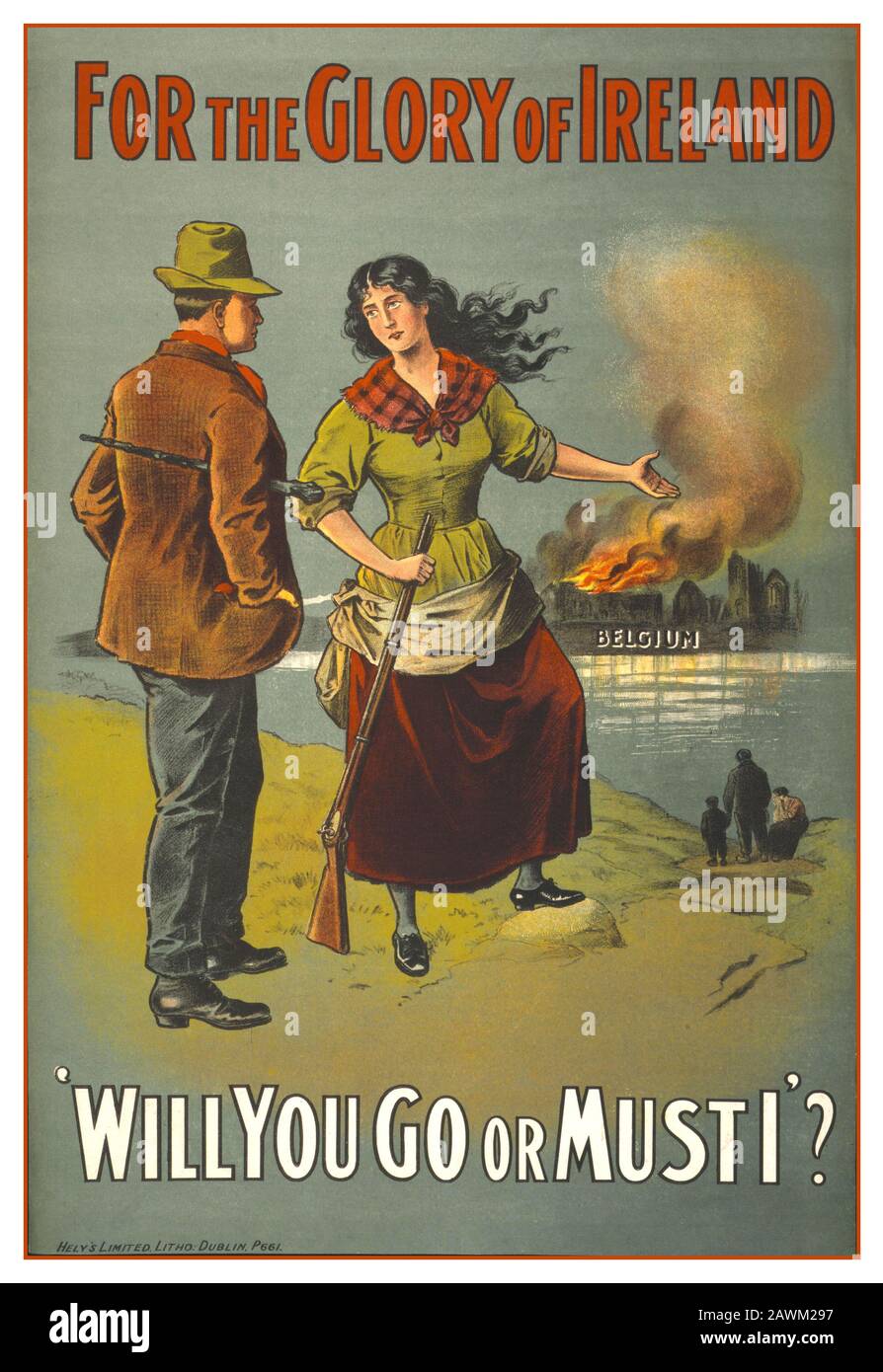 Affiche de recrutement de propagande de la première Guerre mondiale du millésime 'For the Glory of Ireland' Cette affiche de recrutement de la première Guerre mondiale, publiée à Dublin en Irlande en 1915, illustre une femme tenant un fusil. Elle pointe vers un rivage éloigné de fumée et de flammes a signé 'Belgique,' comme elle s'adresse à l'homme. La légende « Allez-vous ou dois-je ? » attire sa fierté, venant d'une femme, et j'espère encourager les hommes à s'enrôler. Entre 1914 et 1916, environ 180 000 Irlandais se sont portés volontaires pour servir dans les forces armées britanniques de la première Guerre mondiale. Banque D'Images