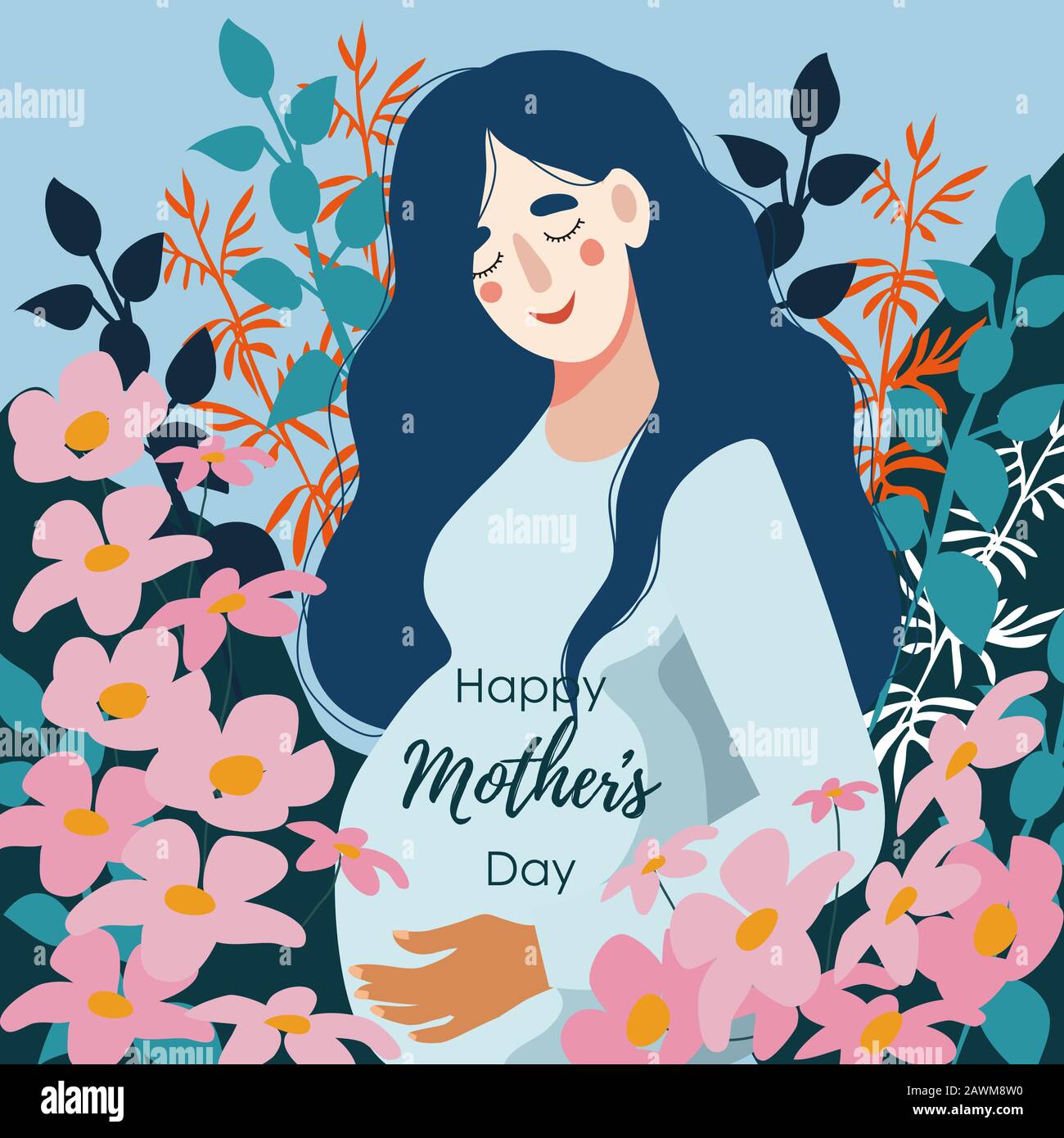Bonne Fête Des Mères. Femme enceinte entourée de nombreuses fleurs. Illustration plate vectorielle mignonne. Illustration de Vecteur
