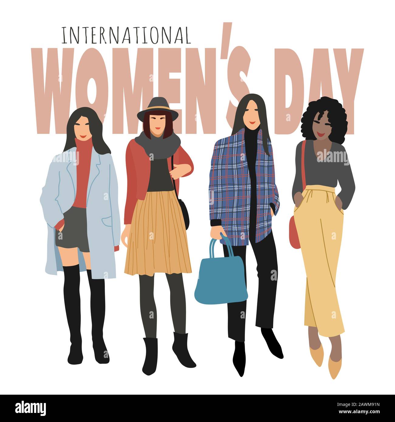 Journée Internationale Des Femmes. Femmes abstraites avec différentes couleurs de peau. Illustration vectorielle plate Illustration de Vecteur