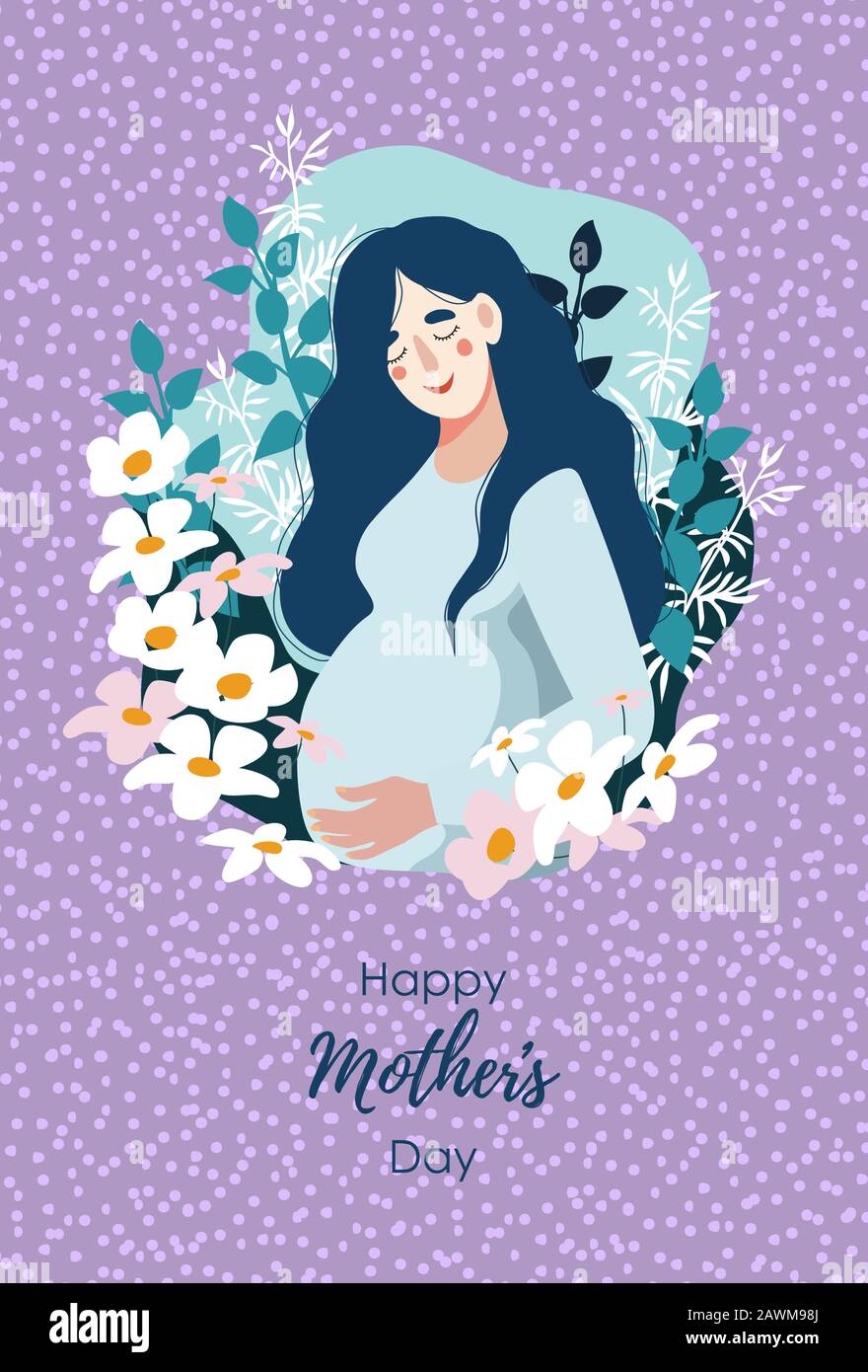 Bonne Fête Des Mères. Femme enceinte entourée de nombreuses fleurs. Illustration plate vectorielle verticale. Illustration de Vecteur