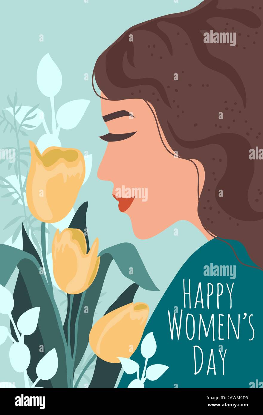 Journée Internationale De La Femme. Illustration vectorielle mignonne avec visage de femme et bouquet de fleurs pour carte, affiche, flyer et autre Illustration de Vecteur
