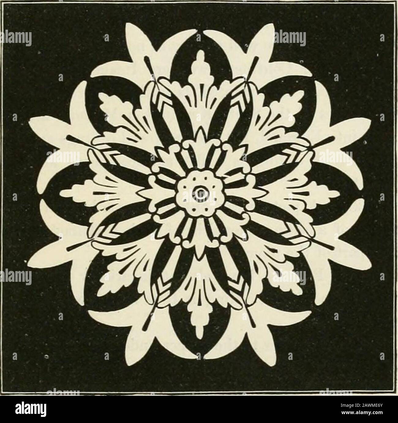 Principes du design décoratif . t bepresent. Un effet supplémentaire et très désirable est produit en plaçant des étoiles de couleur crème pâle irrégulièrement sur le bleu pâle, ou même le plafond bleu profond, ou par des étoiles bleu clair sur le plafond de couleur crème. Les étoiles devraient varier pour le plafond de la chambre ordinaire (disons une chambre de 16 pieds carrés par dix pieds de haut) d'environ trois pouces de point à point vers le bas à un pouce; le plus grand sai-s havuigsix points; d'autres étant plus petits et avec cinq points; et les petits ayant, quelque quatre points, et quelques trois. Si de telles étoiles sont irrégulièrement (sans ou Banque D'Images