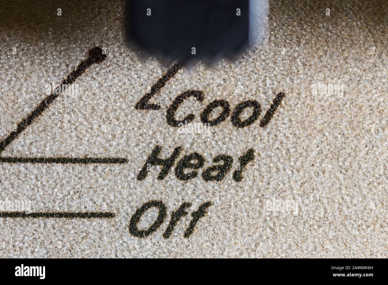 Macro gros plan photo du thermostat vintage chauffage et du commutateur de commande de climatisation. Banque D'Images