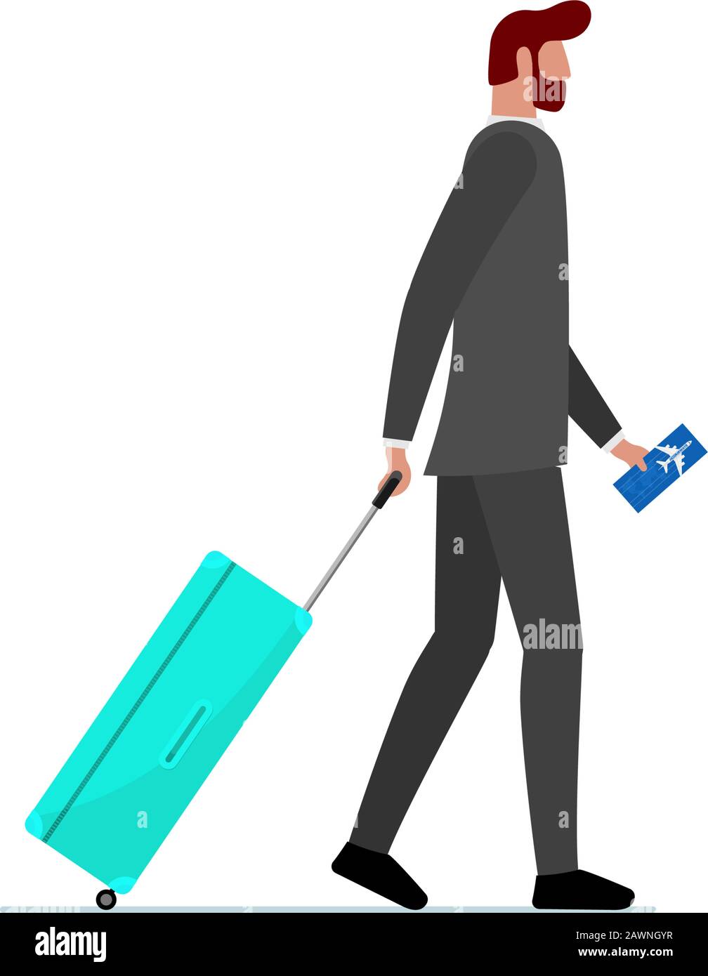 Homme d'affaires marchant avec une valise et un billet d'avion. Homme d'affaires avec sac à bagages dans le terminal d'arrivée et de départ qui embarque à bord de l'avion. Illustration vectorielle du concept de voyage du directeur touristique Illustration de Vecteur
